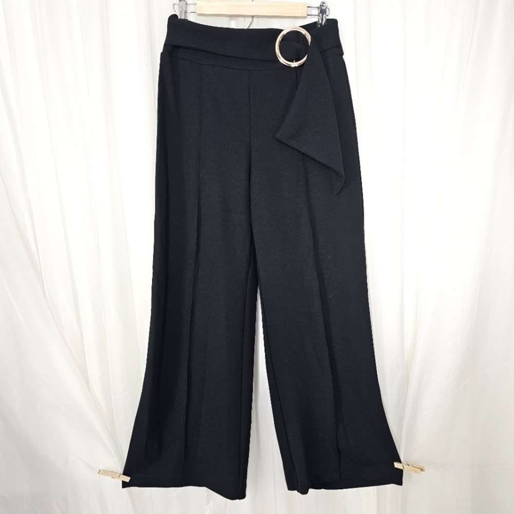 Gracia Black Pintuck Wide Leg Pant Gold O-Ring Faux Belt With Sash Medium